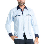 2 Pocket Long-Sleeve Guayabera Shirt + Contrast Print Trim // Light Blue (M)
