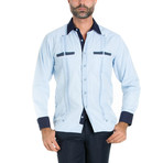 2 Pocket Long-Sleeve Guayabera Shirt + Contrast Print Trim // Light Blue (XL)