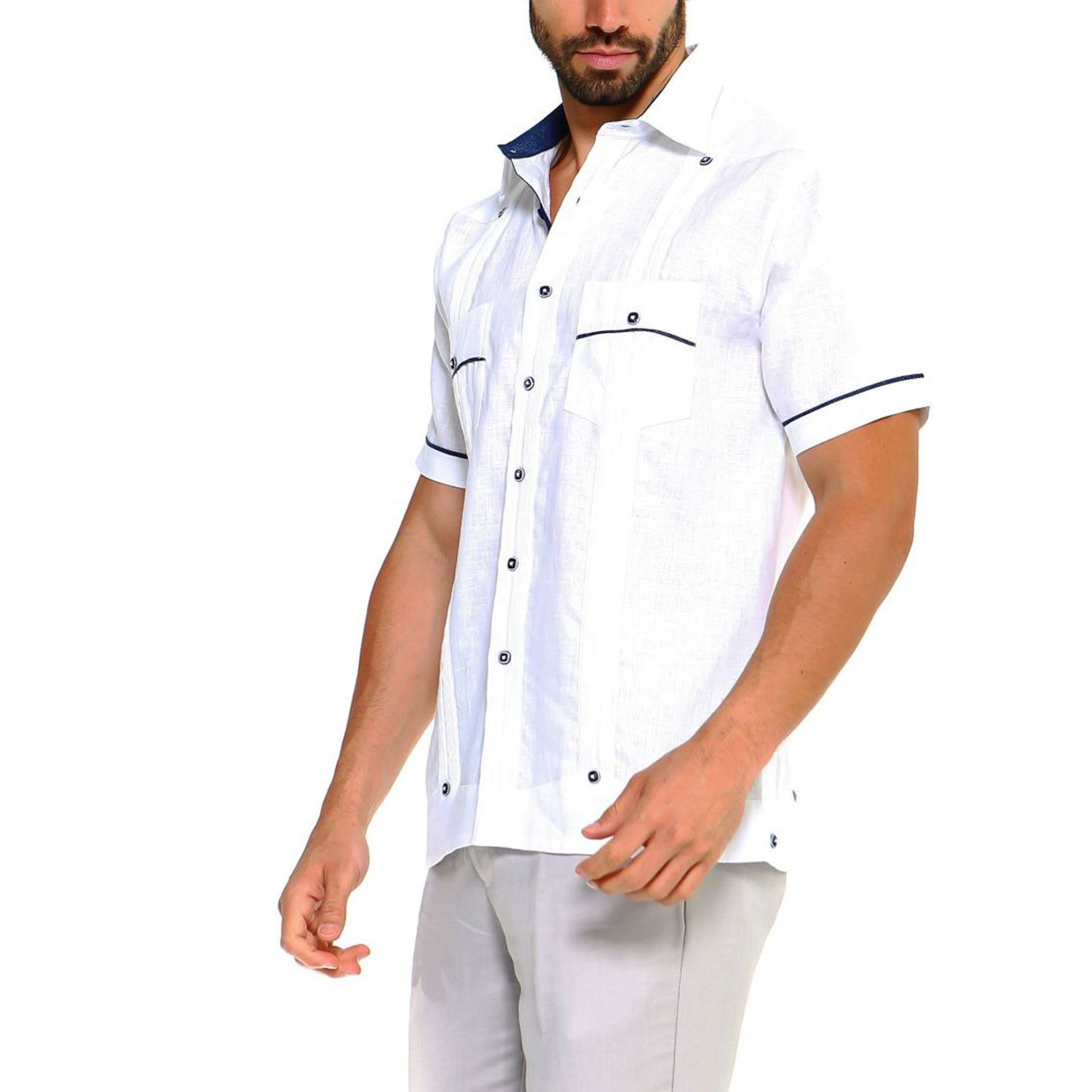 2 Pocket Short-Sleeve Guayabera Shirt + Contrast Print Trim // White ...