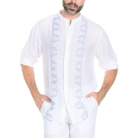 Casual Resort Embroidered Henley + Roll Up Sleeve // White (S)