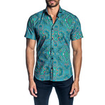 Woven Short Sleeve Button-Up Shirt // Turquoise Paisley (L)