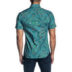 Woven Short Sleeve Button-Up Shirt // Turquoise Paisley (2XL)