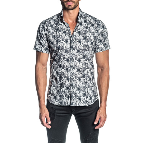 Floral Woven Short-Sleeve Button-Up Shirt // White (S)