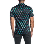 Woven Short Sleeve Button-Up Shirt // Black Skull Print (L)