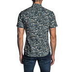 Woven Short Sleeve Button-Up Shirt // Navy Dog Print (S)