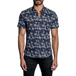 Floral Woven Short Sleeve Button-Up Shirt // Dark Blue (XL)