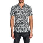 Woven Short Sleeve Button-Up Shirt // Black + White Floral (S)