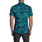 Woven Short Sleeve Button-Up Shirt // Black + Turquoise Print (3XL)