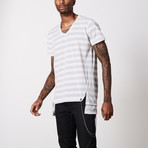 Striped V Neck Cotton T-Shirt // White + Gray (S)