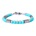 Adjustable Beaded bracelet + Grooved Tube Accents // Silver + Turquoise