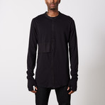 Layered Linen Grandad Collar Shirt // Black (L)