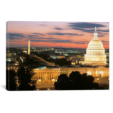 High angle view of a city lit up at dusk, Washington DC, USA // Panoramic Images (18"W x 12"H x 0.75"D)