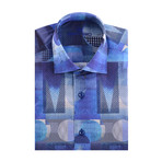 Abstract Art Print Poplin Short Sleeve Shirt // Navy Blue (S)