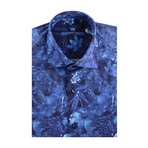Floral Poplin Print Short Sleeve Shirt // Navy Blue (L)