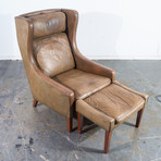 Danish Wingback Leather Lounge Chair + Ottoman