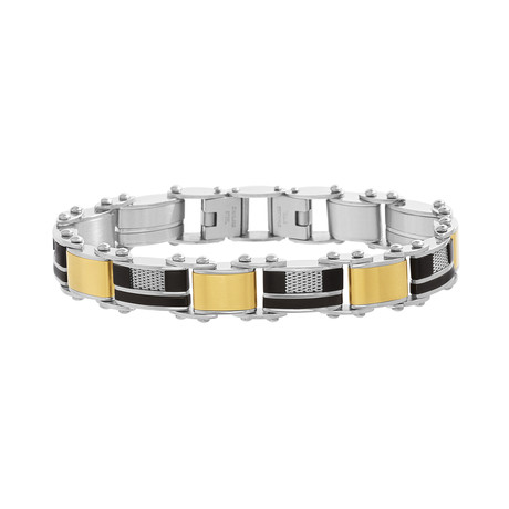Stainless Steel Tri-Color Stripe Design Mesh Accented Link Bracelet
