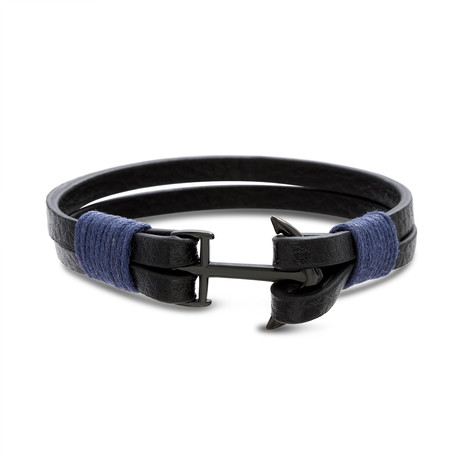 Double Leather Stranded + Blue Cord Bracelet + Black IP Plated Stainless Steel Anchor Hook