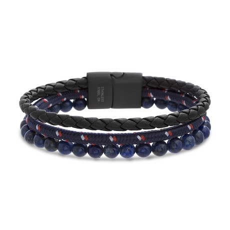 Black IP Plated Stainless Steel Trio Bracelet Set // Blue Lapis Bead + Blue Cord + Black Leather
