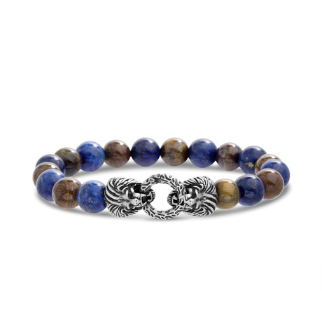 Blue + Tiger's Eye Beaded Bracelet + Stainless Steel Open Circle Lion Head Charms