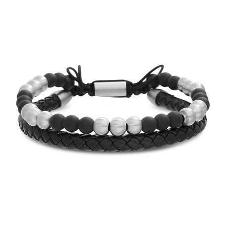 Adjustable Polished Ball Beads + Black Braided Duo Bracelet Set