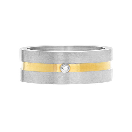 Yellow Gold IP Plated Stainless Steel Cubic Zirconia Accented Striped Ring (Size 10)