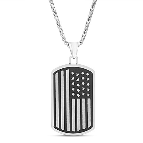 Two-Tone Plated Stainless Steel American Flag Dogtag Pendant Necklace
