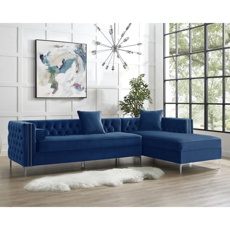 Giovanni Velvet Chaise Sectional Sofa // Right Facing (Navy)