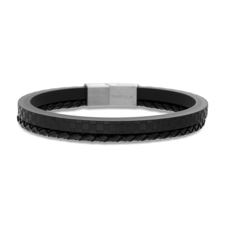 Black Leather Checkered + Braided Duo Bracelet Set