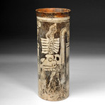 Tall Maya Codex Pottery Cylinder w/ Skeletal God