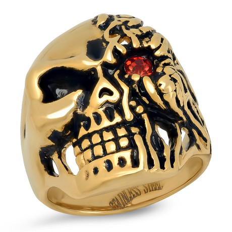 18K Gold Plated Stainless Steel Skull + Simulated Diamond Ring // Yellow (Size 9)