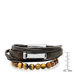 Brown Layered Leather With Stainless Steel Id Bracelet And Tiger Eye Beaded Bracelet Set Of 2