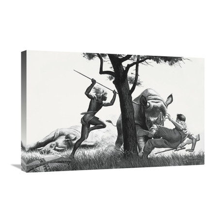 Zulu Rescue From the Rhinos (Unframed // 30"W x 20"H x 1.5"D)