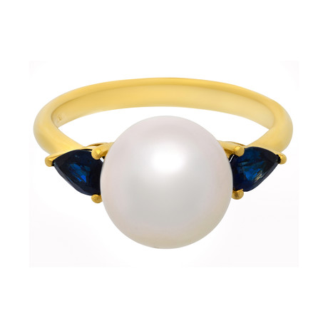 Vintage Aquarian Pearls 18k Yellow Gold Pearl + Blue Sapphire Ring // Ring Size: 10.75