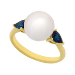 Vintage Aquarian Pearls 18k Yellow Gold Pearl + Blue Sapphire Ring // Ring Size: 10.75