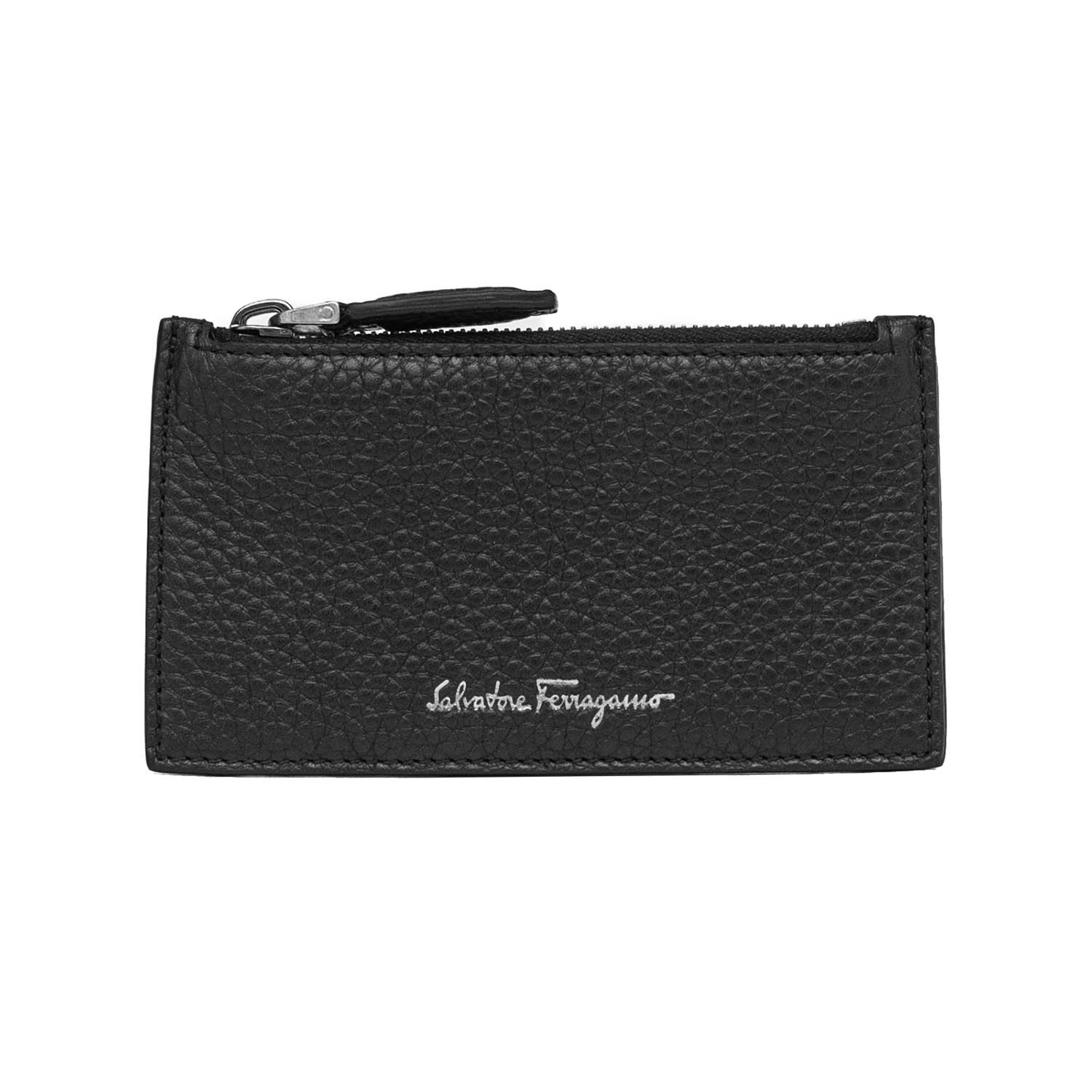 Salvatore Ferragamo // Grained Leather Zip Card Holder Wallet // Black ...