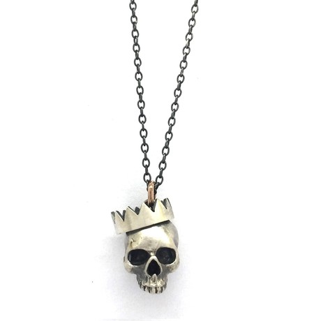 Small Paper Crown Skull Necklace // Silver (18"L)