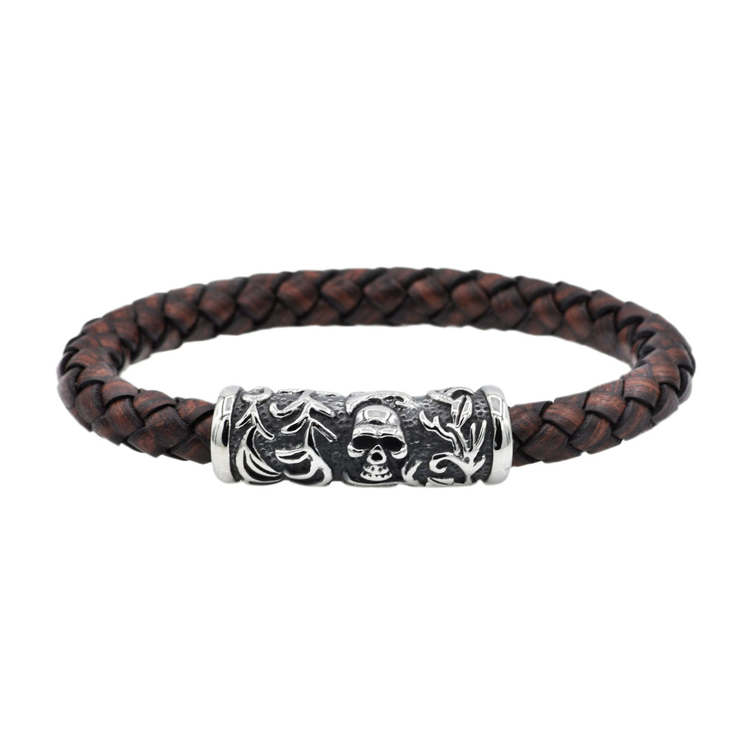 Genuine Leather Stainless Steel Skull Bracelet // Brown - Blackjack ...