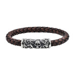 Genuine Leather Stainless Steel Skull Bracelet // Brown