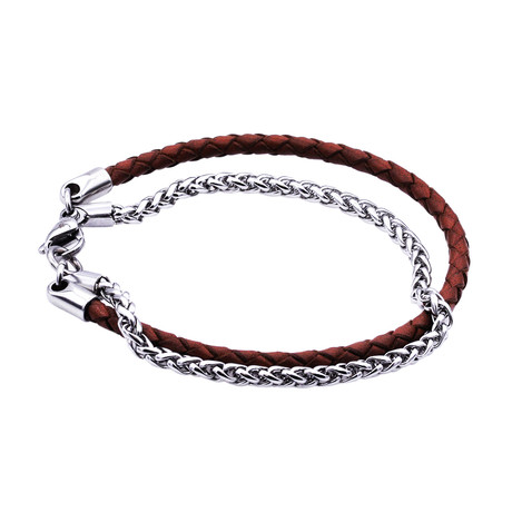 Genuine Leather Stainless Steel Wheat Chain Double Strand Bracelet // Brown