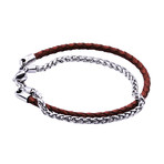 Genuine Leather Stainless Steel Wheat Chain Double Strand Bracelet // Brown