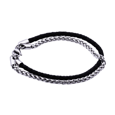 Genuine Leather Stainless Steel Wheat Chain Double Strand Bracelet // Black