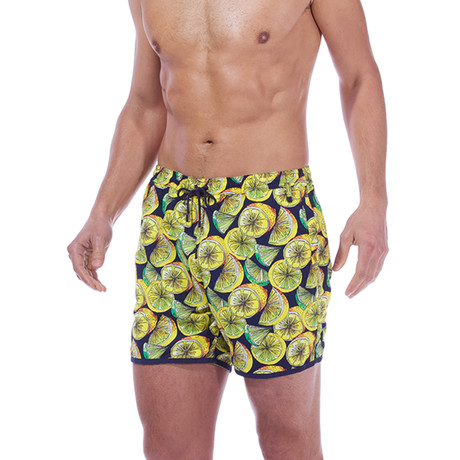 Paris Beach Lemon Print Swim Trunks // Navy + Yellow (XS)