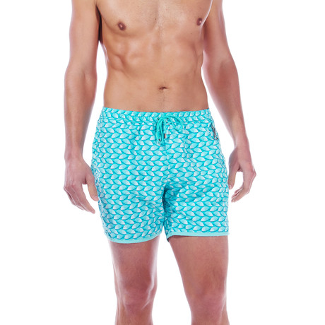 Paris Beach Fan Print Swim Trunks // Turquoise (XS)