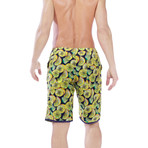 Paris Beach Lemon Print Long Swim Trunks // Navy + Yellow (XS)