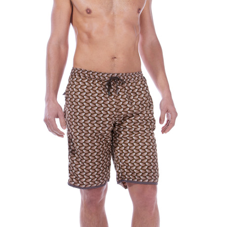 Paris Beach Fan Print Long Swim Trunks // Brown (XS)