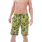 Paris Beach Lemon Print Long Swim Trunks // Navy + Yellow (XS)