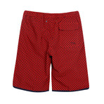 Paris Beach Geo Print Long Swim Trunks // Red (XS)