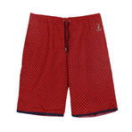 Paris Beach Geo Print Long Swim Trunks // Red (XS)