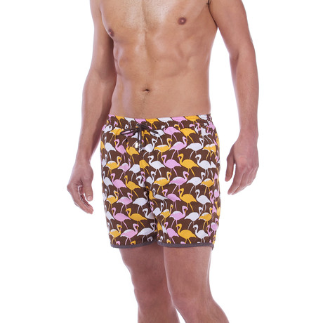 Paris Beach Flamingo Print Swim Trunks // Pink + Yellow (XS)