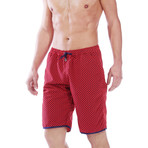 Paris Beach Geo Print Long Swim Trunks // Red (XS)